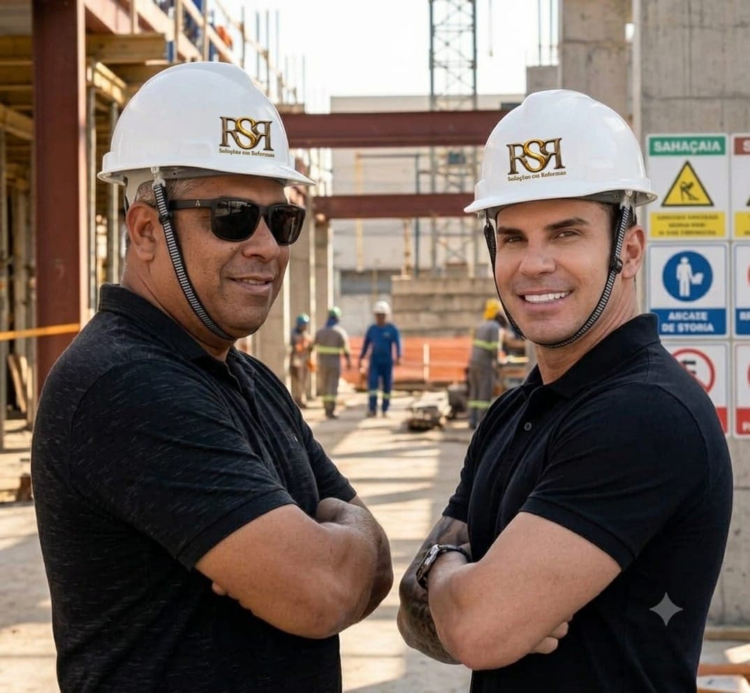 Carlos Furtado e José Carvalho, sócios da Restaura SR, de capacete em um canteiro de obras